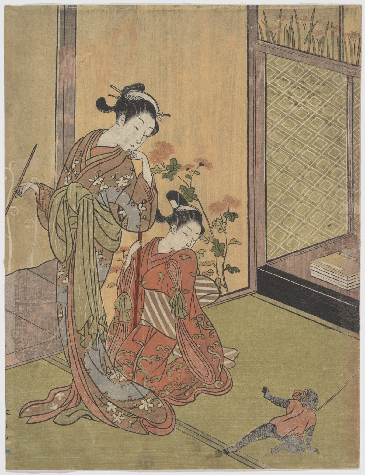 Two Girls Looking at a Monkey on a Leash by Suzuki Harunobu - Ukiyo-e canvas print