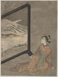 Young Woman with a Pipe in Her Hand Gazing at Landscape Painted on a Screen by Suzuki Harunobu - Ukiyo-e canvas print