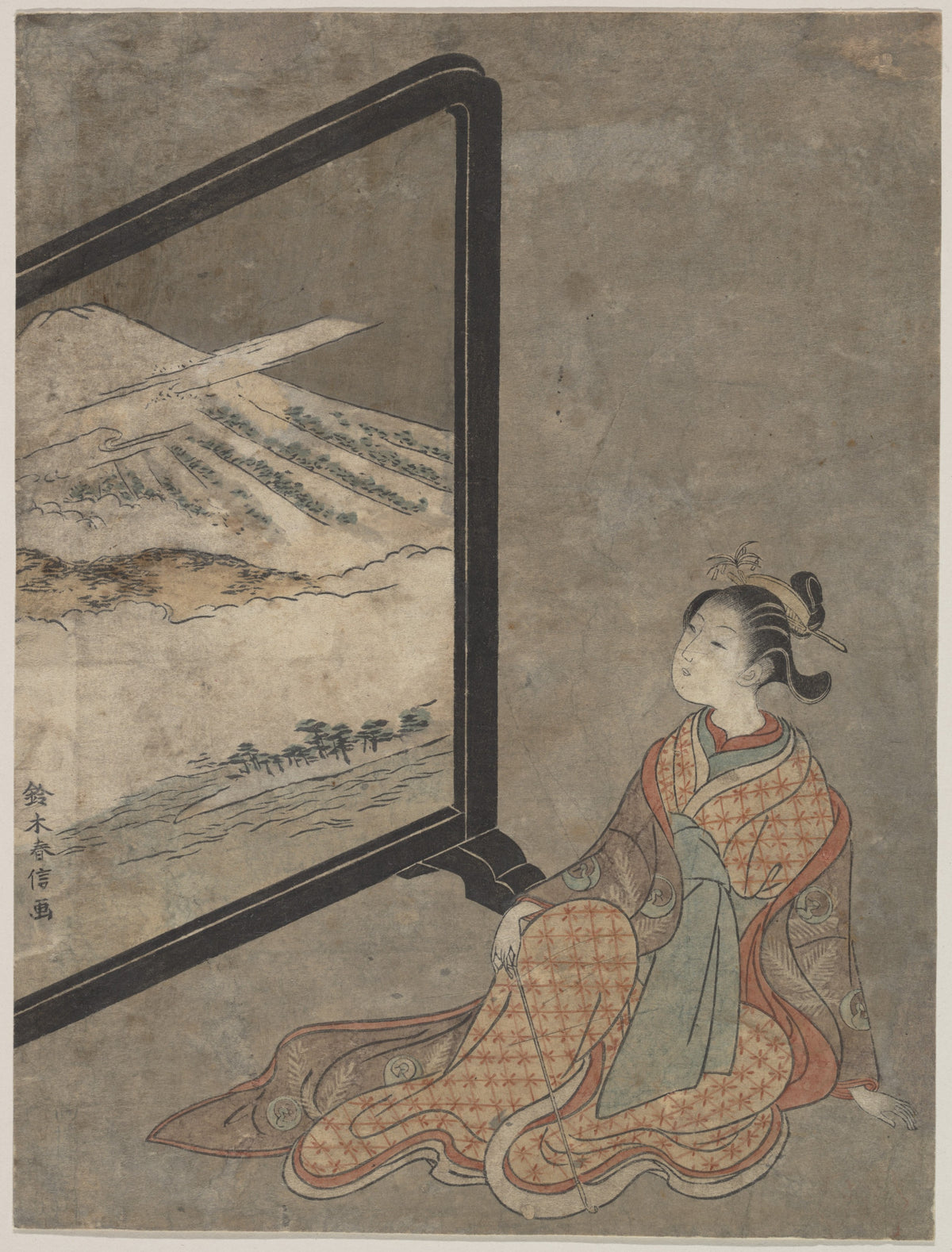 Young Woman with a Pipe in Her Hand Gazing at Landscape Painted on a Screen by Suzuki Harunobu - Ukiyo-e canvas print