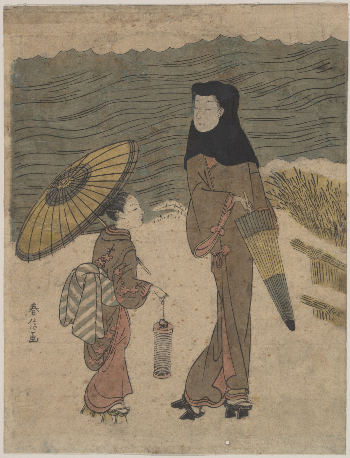 Lady with Black Hood and Umbrella Out Walking with Young Attendant by Suzuki Harunobu - Ukiyo-e canvas print