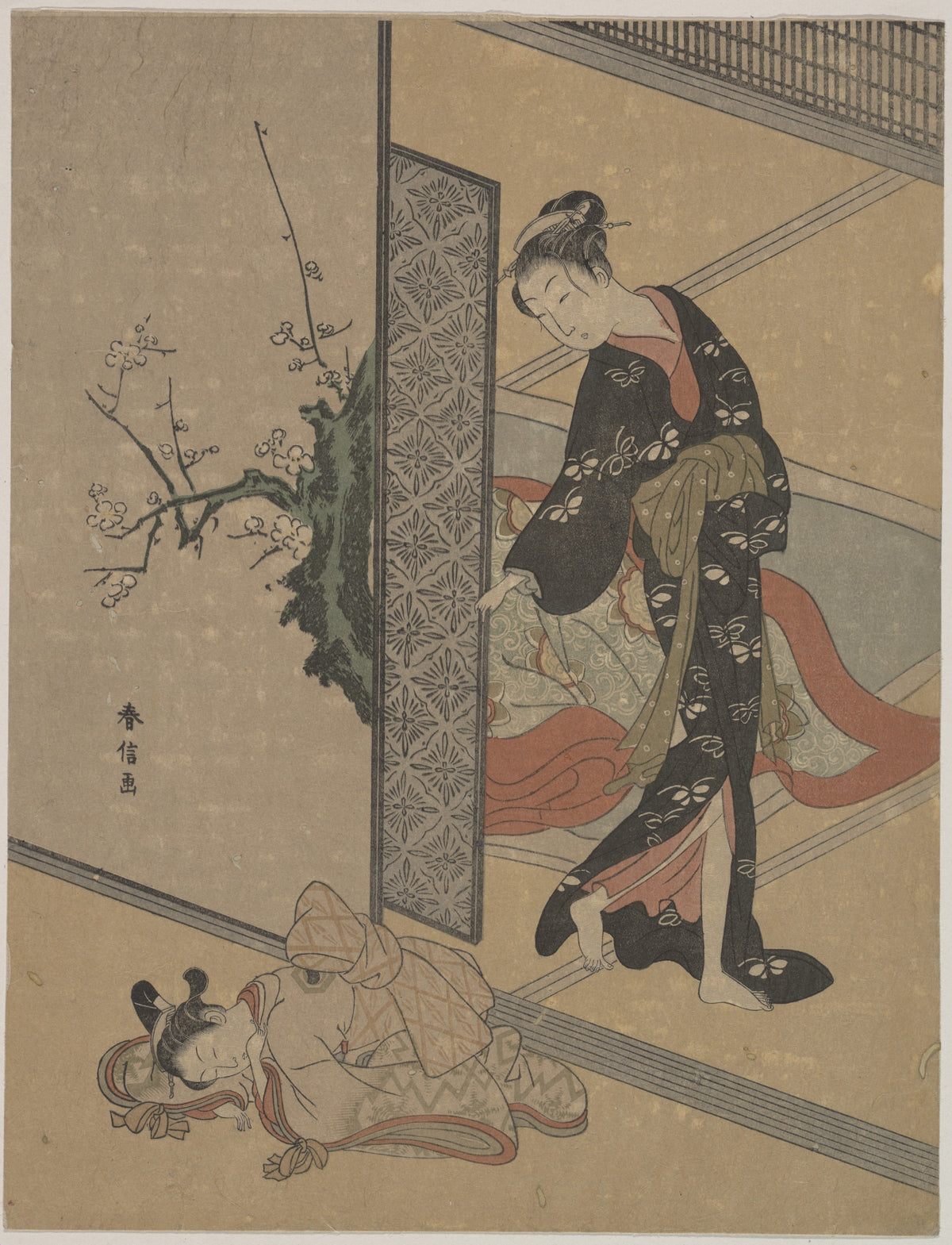 Young Lady Looking through Door at Her Kamuro Little Servant who is Asleep on the Floor by Suzuki Harunobu - Ukiyo-e canvas print