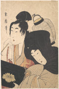 Young Woman at Night accompanied by a Servant Carrying a Lantern and a Shamisen Box by Kitagawa Kikumaro - Ukiyo-e canvas print