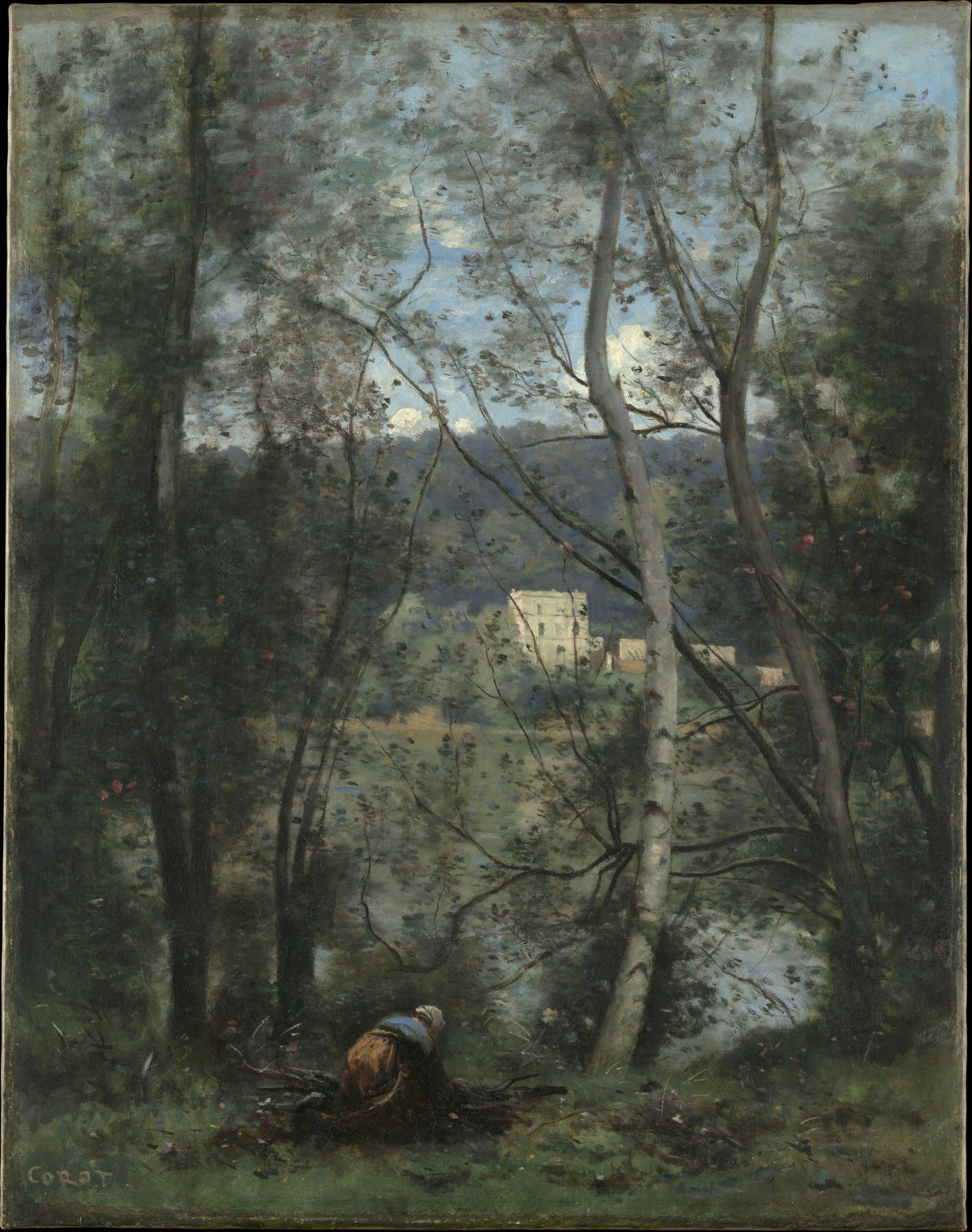 A Woman Gathering Faggots at Ville-d'Avray by Camille Corot - Realist canvas print