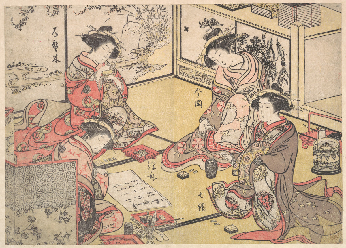 Four Oiran of the House Called Kadokana-ya Playing the Game of Ko-awase Incense Game by Katsukawa Shunshō　勝川春章 - Ukiyo-e canvas print