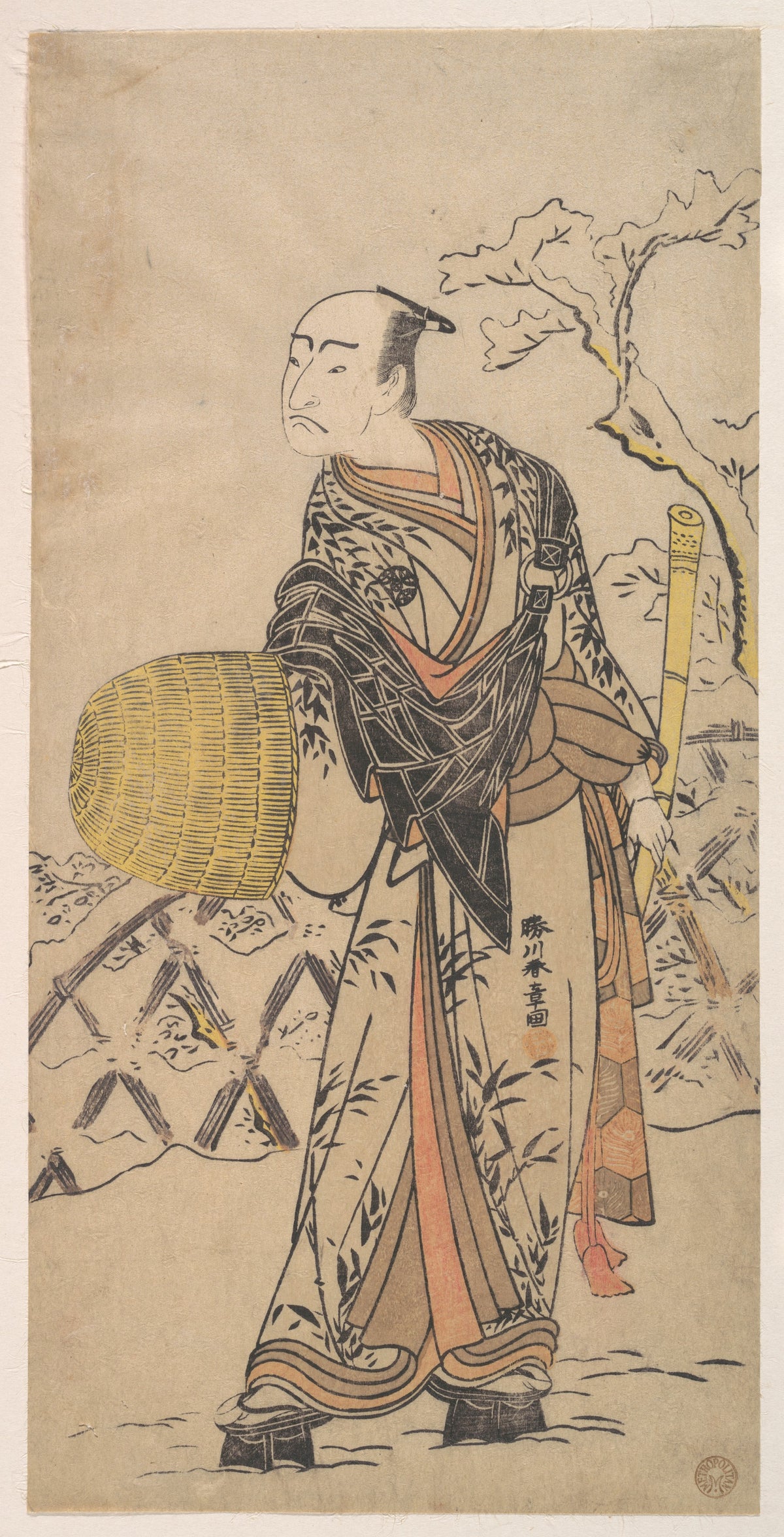 The First Nakamura Nakazo as a Komuso Standing in the Snow by a Fence by Katsukawa Shunshō　勝川春章 - Ukiyo-e canvas print