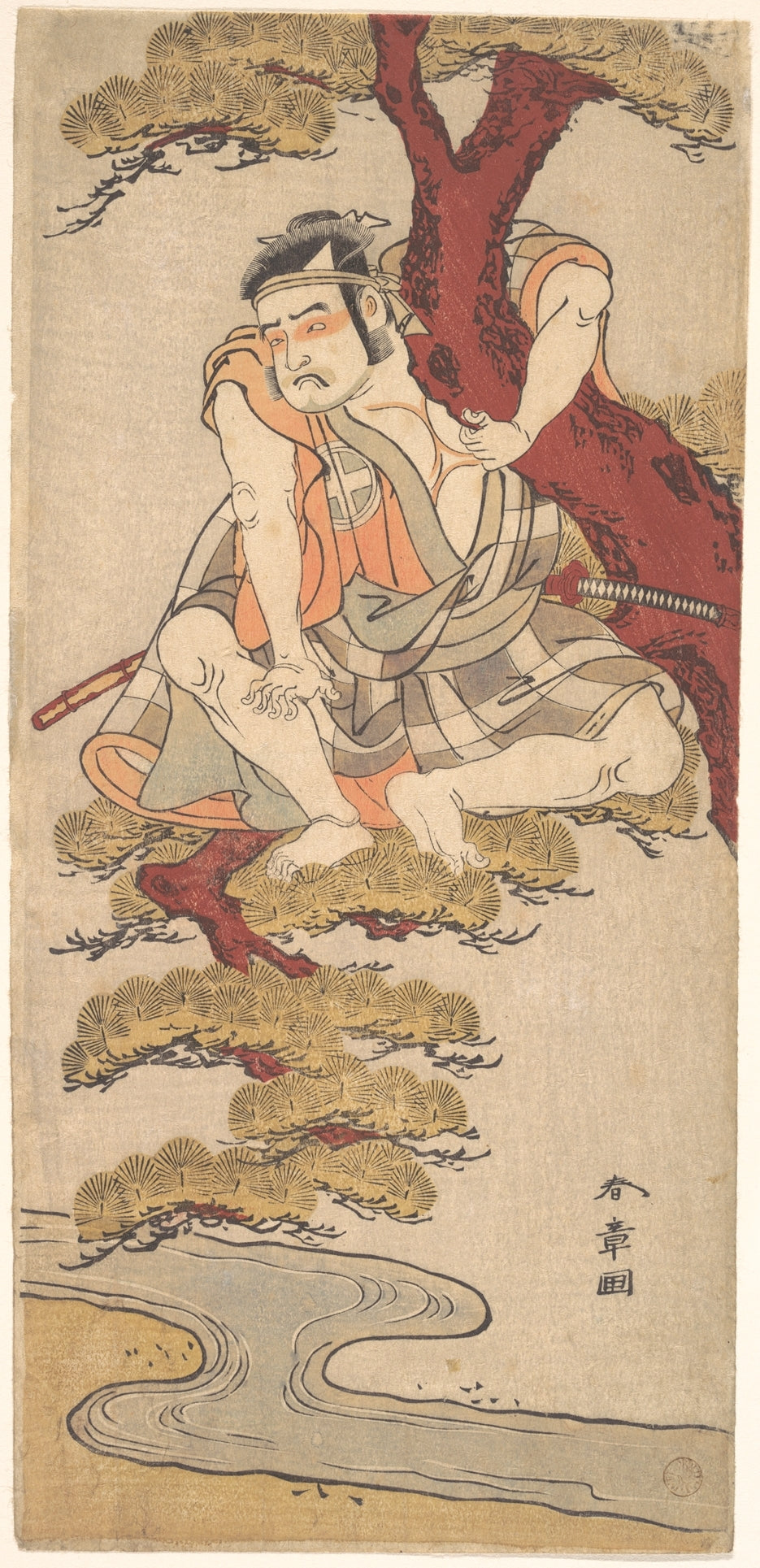 The Actor Otani Hiroemon III Watching from the Branches of a Pine Tree Overhanging a Stream by Katsukawa Shunshō　勝川春章 - Ukiyo-e canvas print