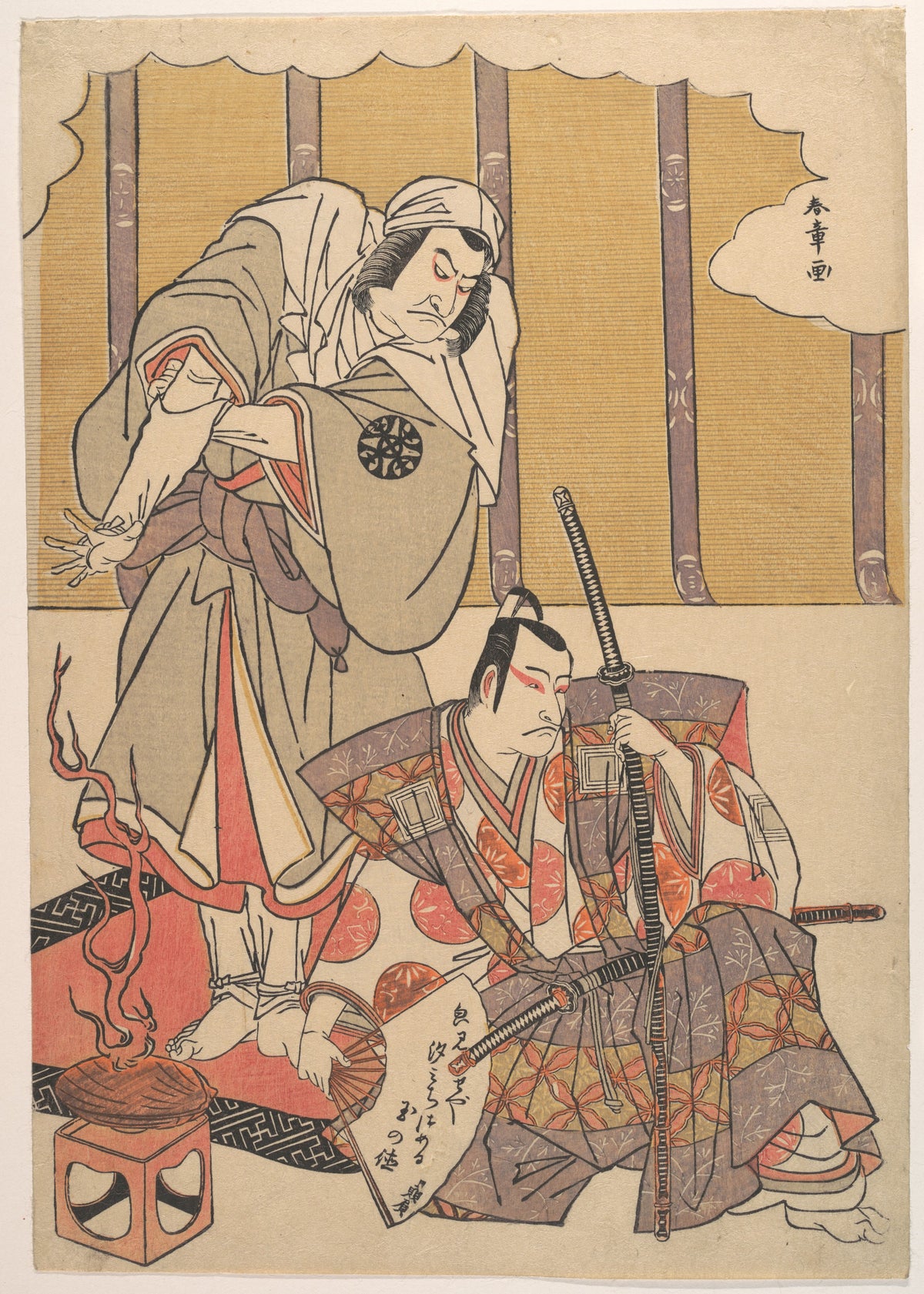 The Actors Ichikawa Danjuro I right 16601704 and Nakamura Denkuro II left 17191777 in Unidentified Roles by Katsukawa Shunshō　勝川春章 - Ukiyo-e canvas print
