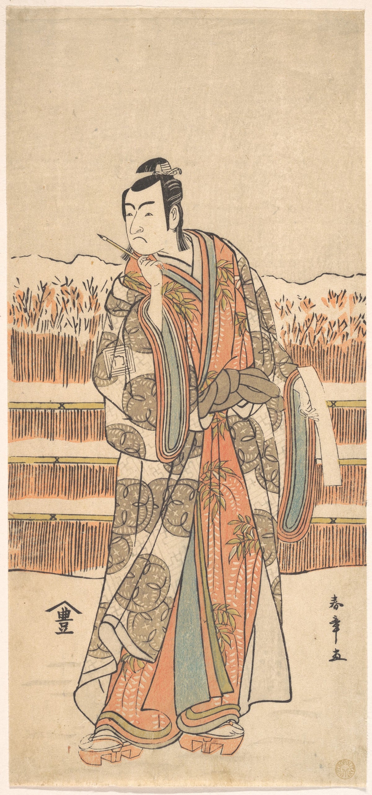 The Second Ichikawa Monnosuke as a Man of High Rank Standing in the Snow by Katsukawa Shunshō　勝川春章 - Ukiyo-e canvas print