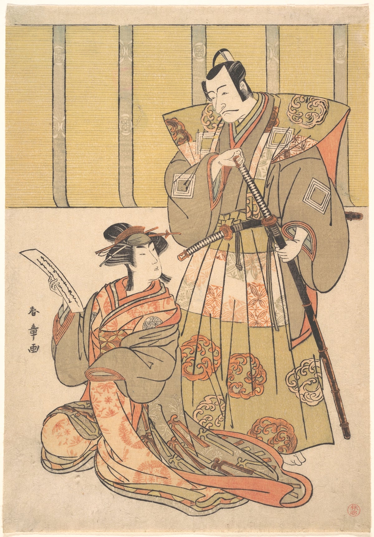 Ichikawa Danjr V as Kdo no Suketsune, and Nakamura Rik as Oiso no Tora by Katsukawa Shunshō　勝川春章 - Ukiyo-e canvas print