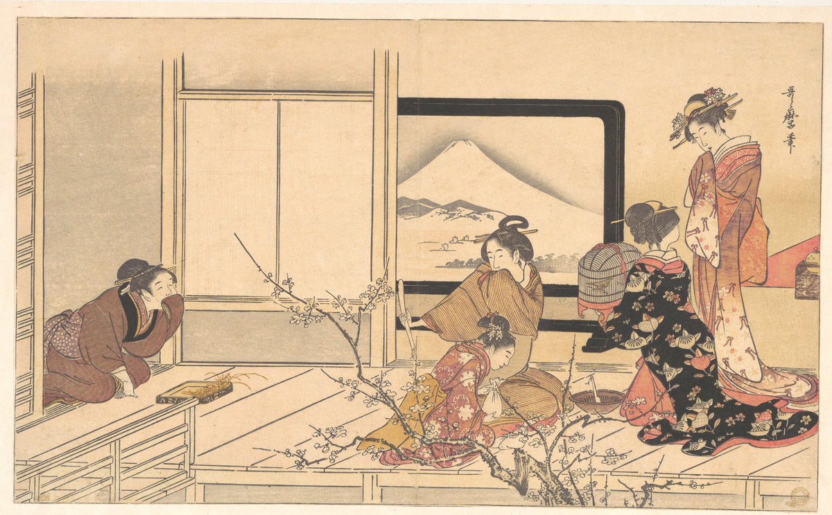 Preparing Food for the Warbler, from the album Mens Stamping Dance Otoko dka, uguisu no esa suri by Kitagawa Utamaro - Ukiyo-e canvas print