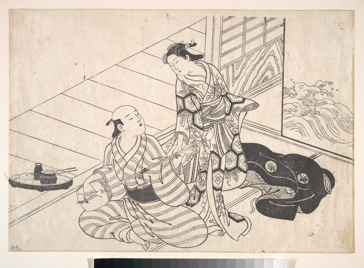 Lady Interrupting Her Lover, who is Playing the Shamisen by Nishikawa Sukenobu - Ukiyo-e canvas print