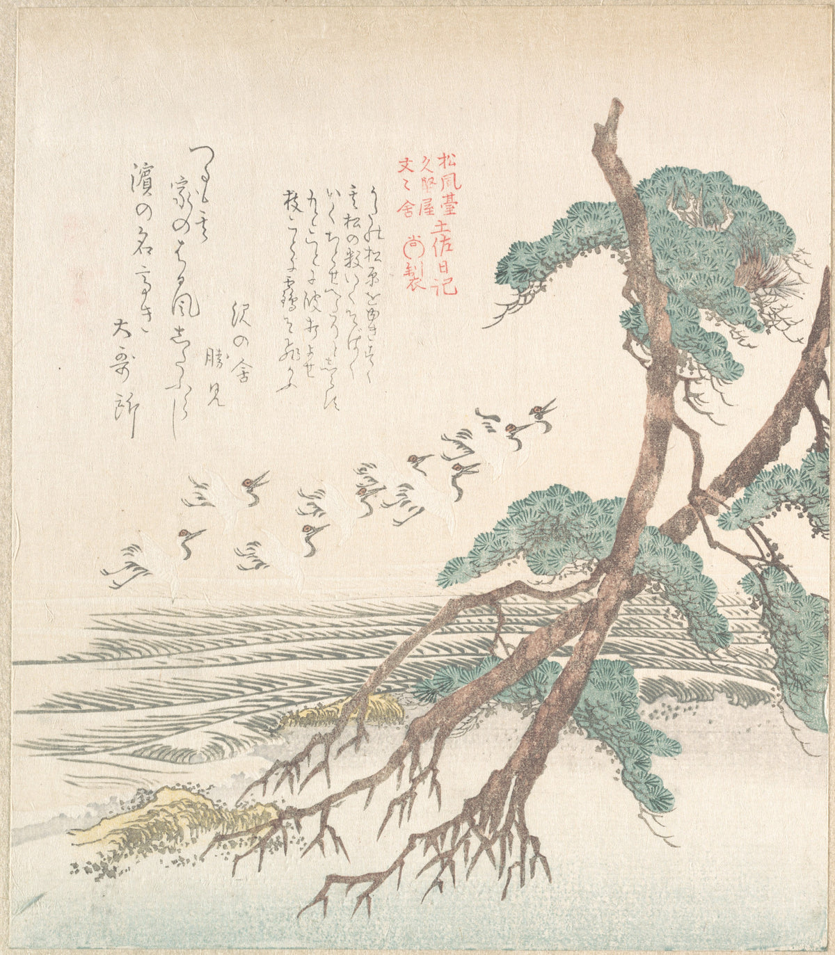 Sea-Side Landscape with Pine Trees and Flying Cranes by Kubo Shunman - Ukiyo-e canvas print