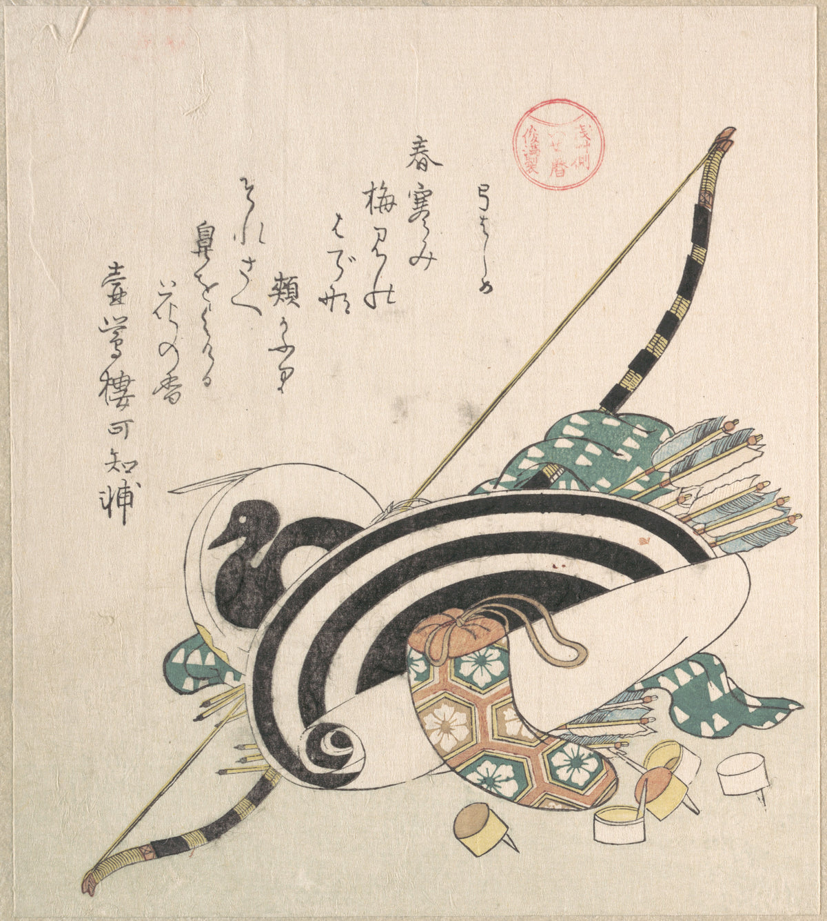 Bow, Arrows, Target, and Other Outfits for Archery, from the series Ise Calendars for the Asakusa Group Asakusa-gawa Ise goyomi
From the Spring Rain Collection Harusame sh, vol. 2 by Kubo Shunman - Ukiyo-e canvas print