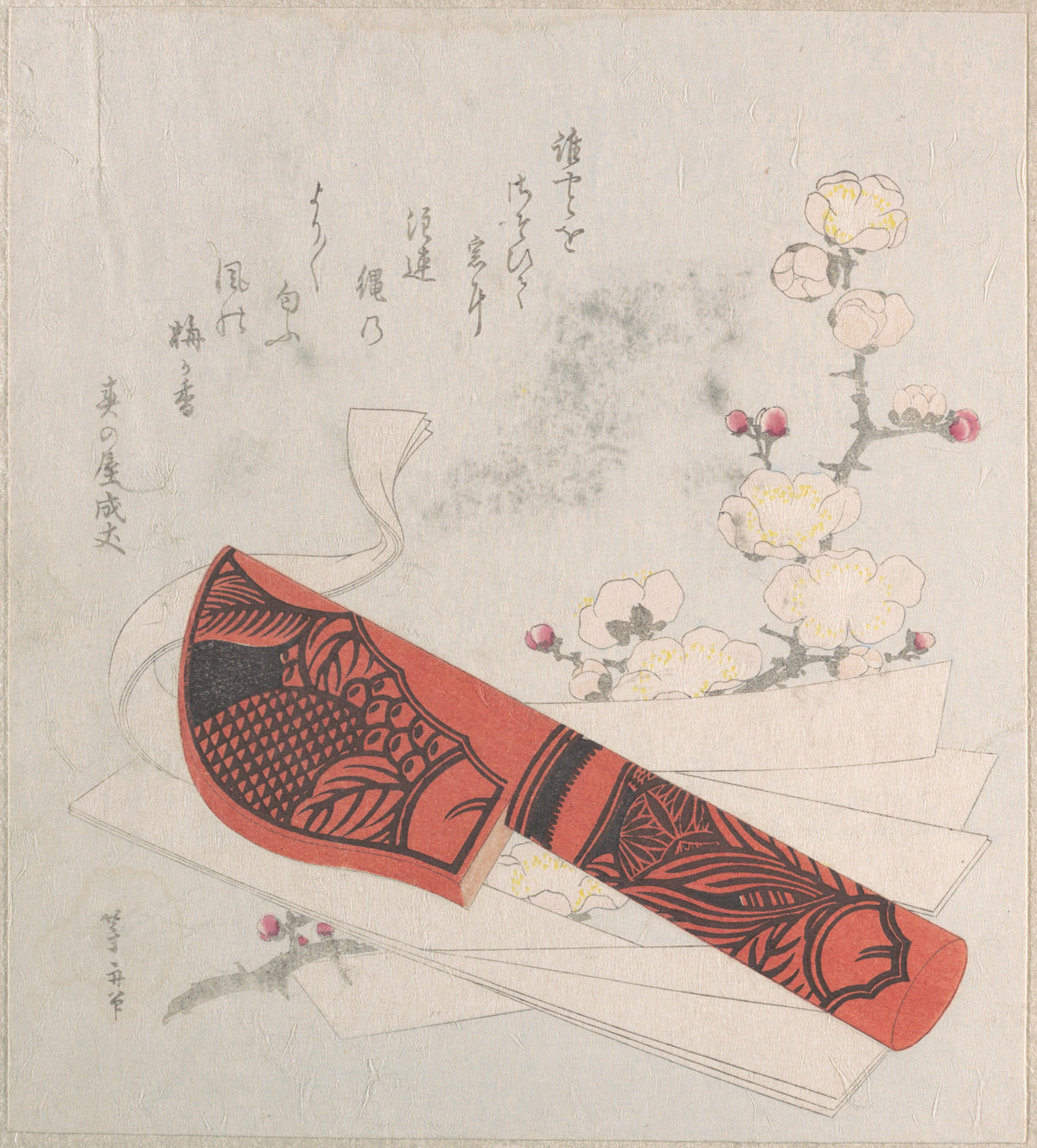 Plum Blossoms, Cut Paper and a Knife in Sheath by Uematsu Tōshū - Ukiyo-e canvas print