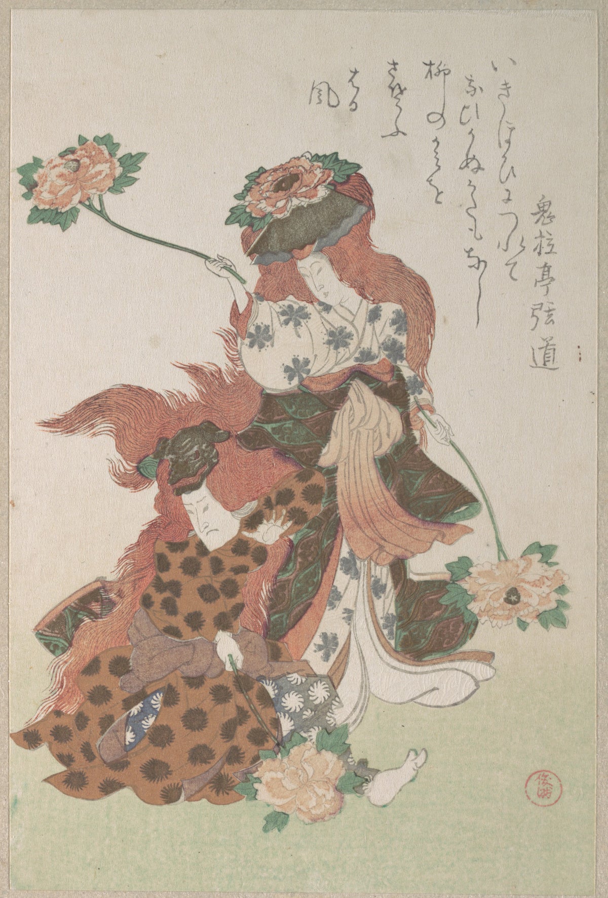 Two Dancers Performing a Shakkymono Kabuki Dance, from Spring Rain Surimono Album Harusame surimono-j, vol. 3 by Kubo Shunman - Ukiyo-e canvas print