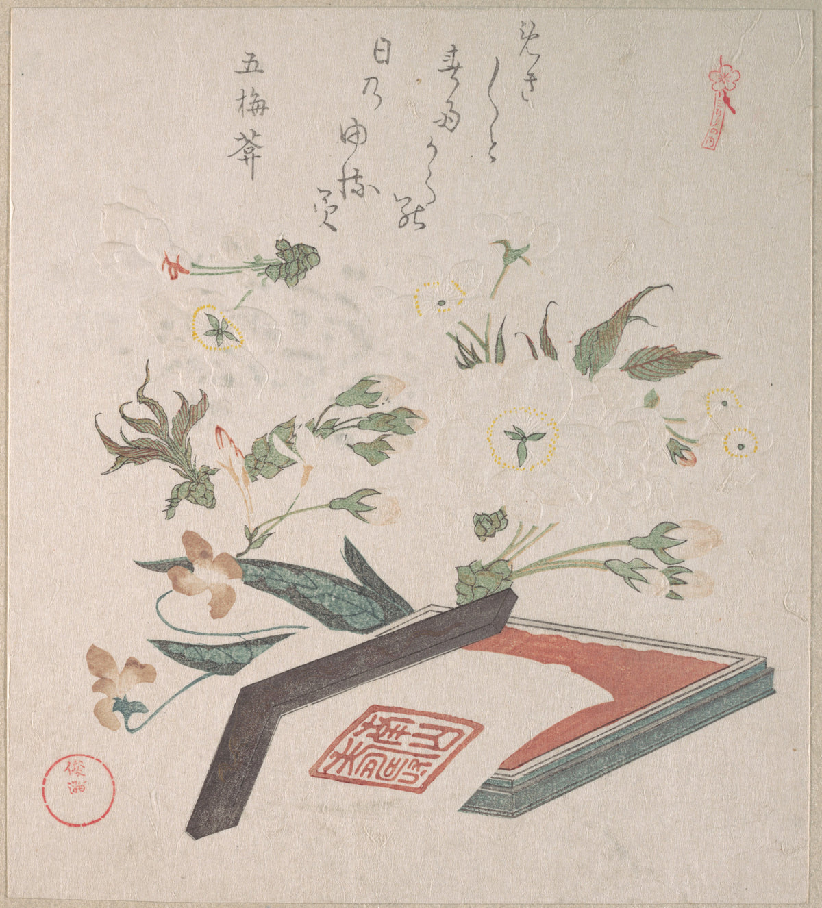 Cherry Blossoms and Seal-box with Ink and Ruler by Kubo Shunman - Ukiyo-e canvas print