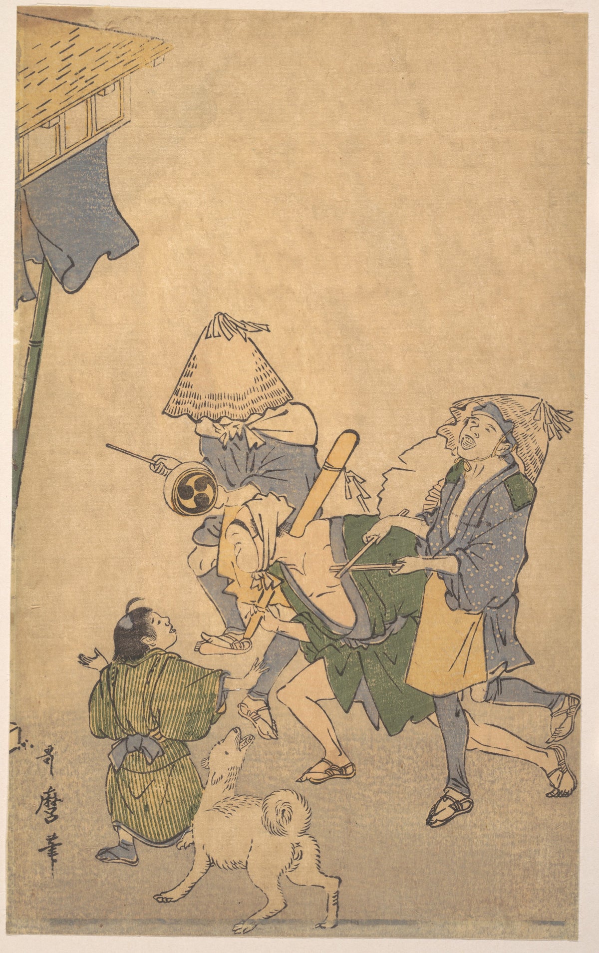 Three Revelers of the Lower Classes, Wearing Komuso Hats, with Small Boy and Dog by Kitagawa Utamaro - Ukiyo-e canvas print