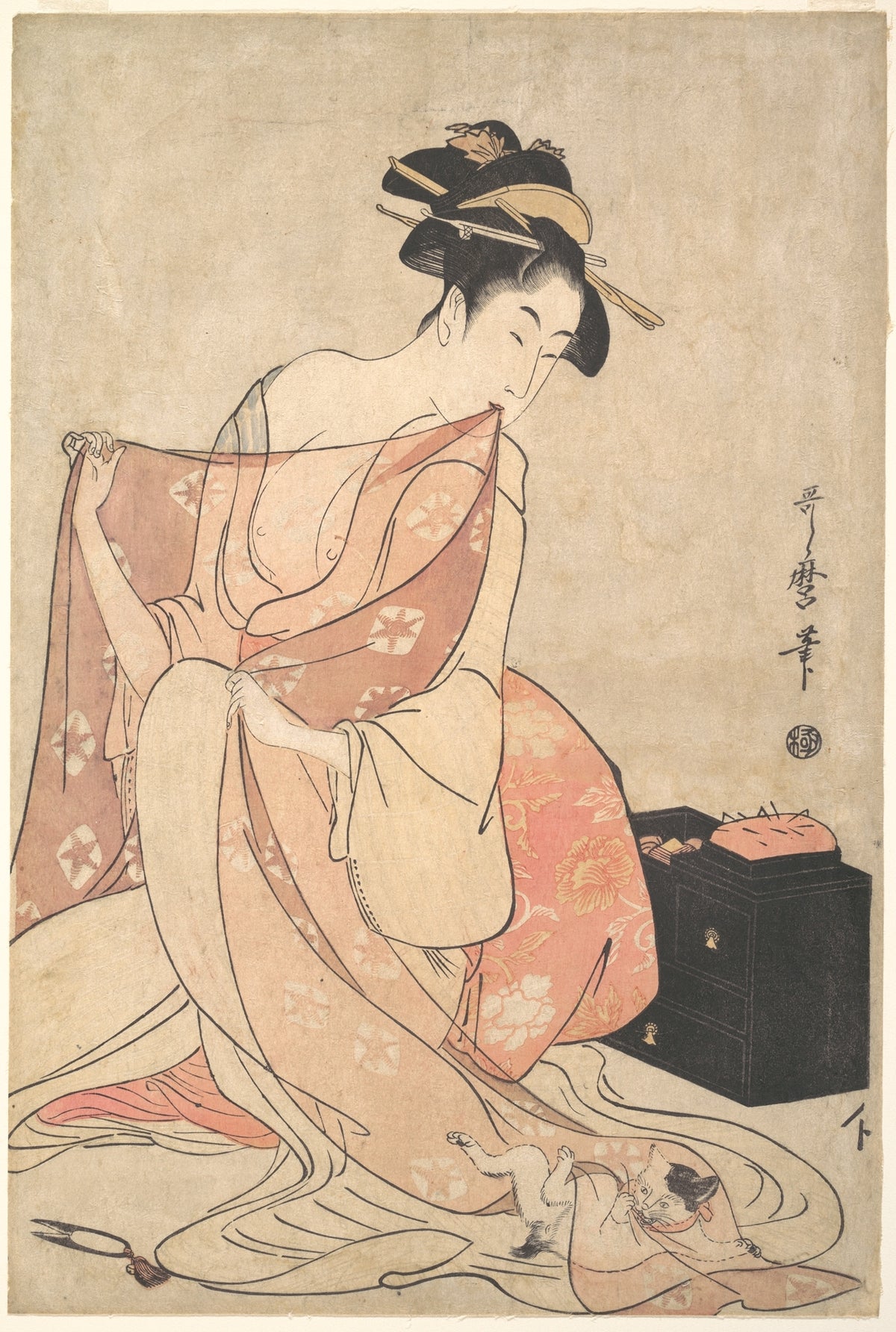 A Woman and a Cat by Kitagawa Utamaro - Ukiyo-e canvas print