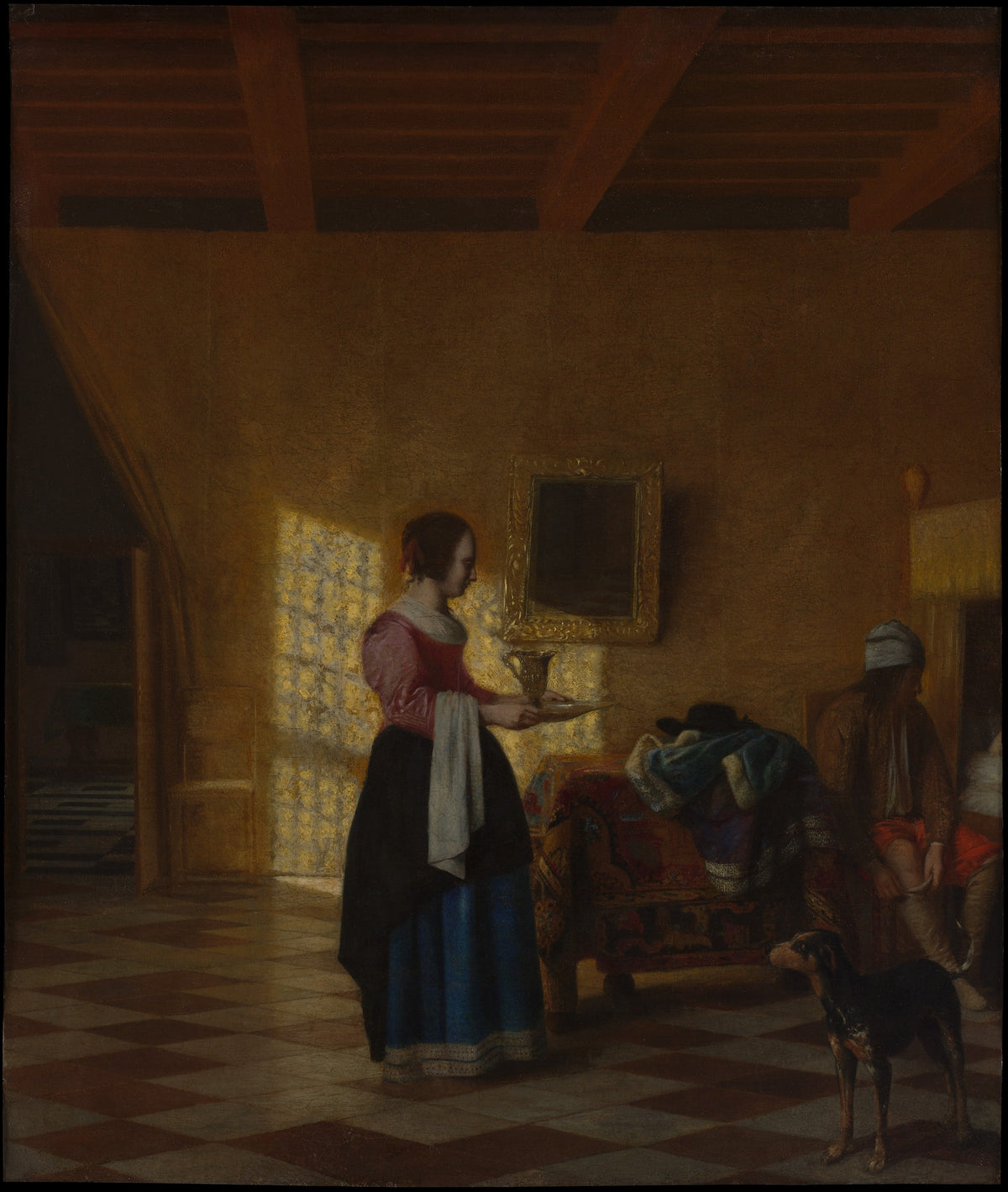 Woman with a Water Pitcher, and a Man by a Bed by Pieter de Hooch - Oil Painting canvas print