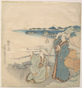 Two Young Ladies at Shore One Pointing by Katsushika Hokusai - Ukiyo-e canvas print