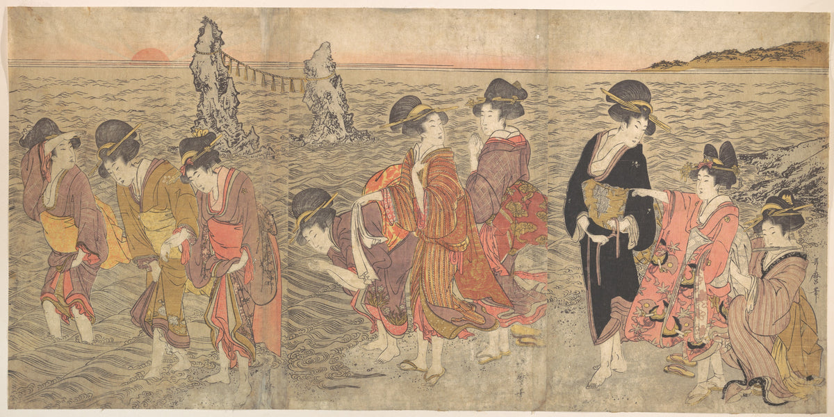 Women Worshipping the Rising Sun between the Twin Rocks at Ise by Kitagawa Utamaro - Ukiyo-e canvas print