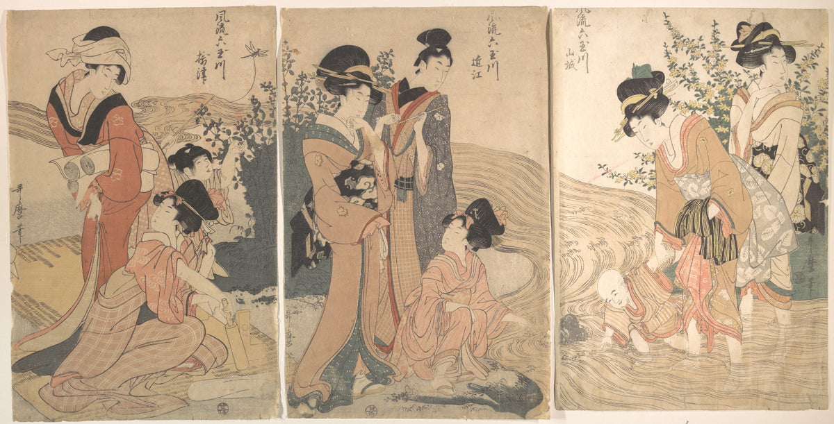 Women and Children on the Banks of a Stream by Kitagawa Utamaro - Ukiyo-e canvas print