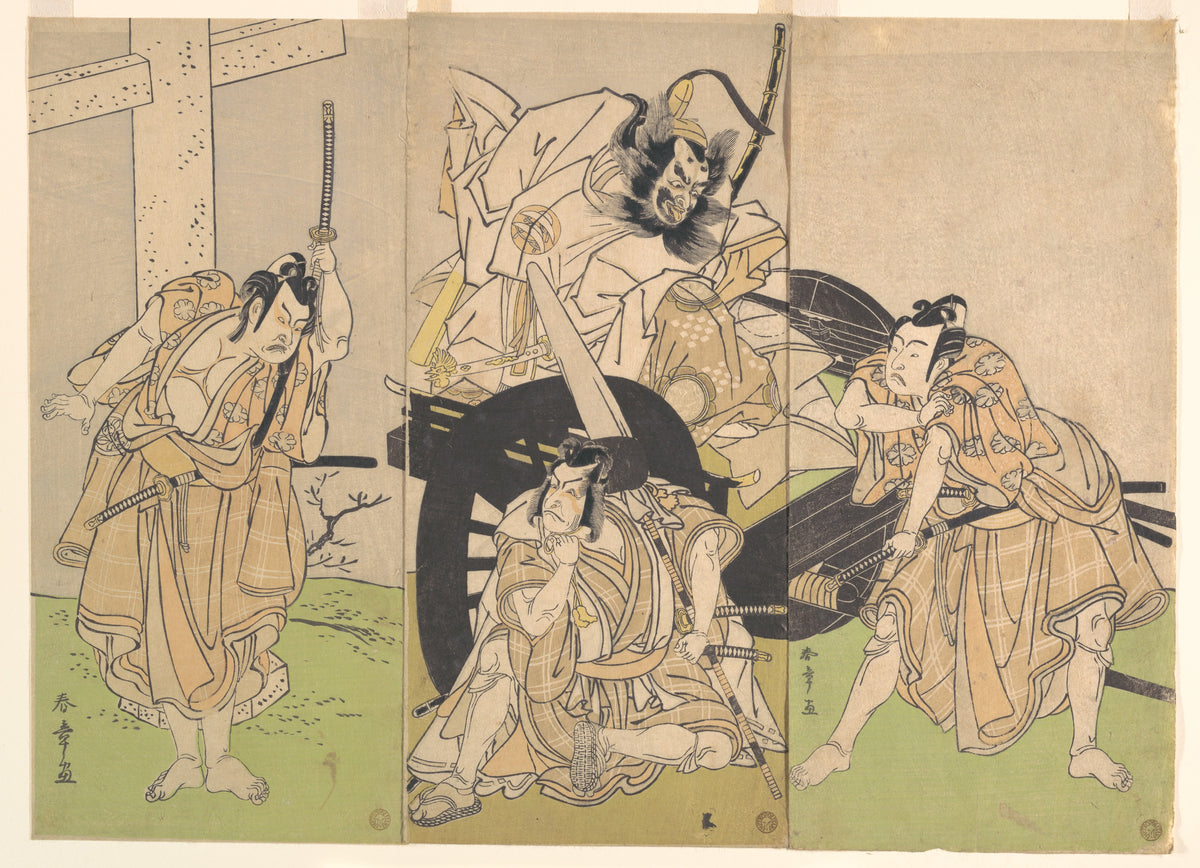 Kabuki Actors Ichikawa Yaoz II, Nakajima Mihoemon II, Ichikawa Ebiz III, and Ichimura Uzaemon IX in the Play Sugawaras Secrets of Calligraphy Sugawara denju tenarai kagami by Katsukawa Shunshō　勝川春章 - Ukiyo-e canvas print