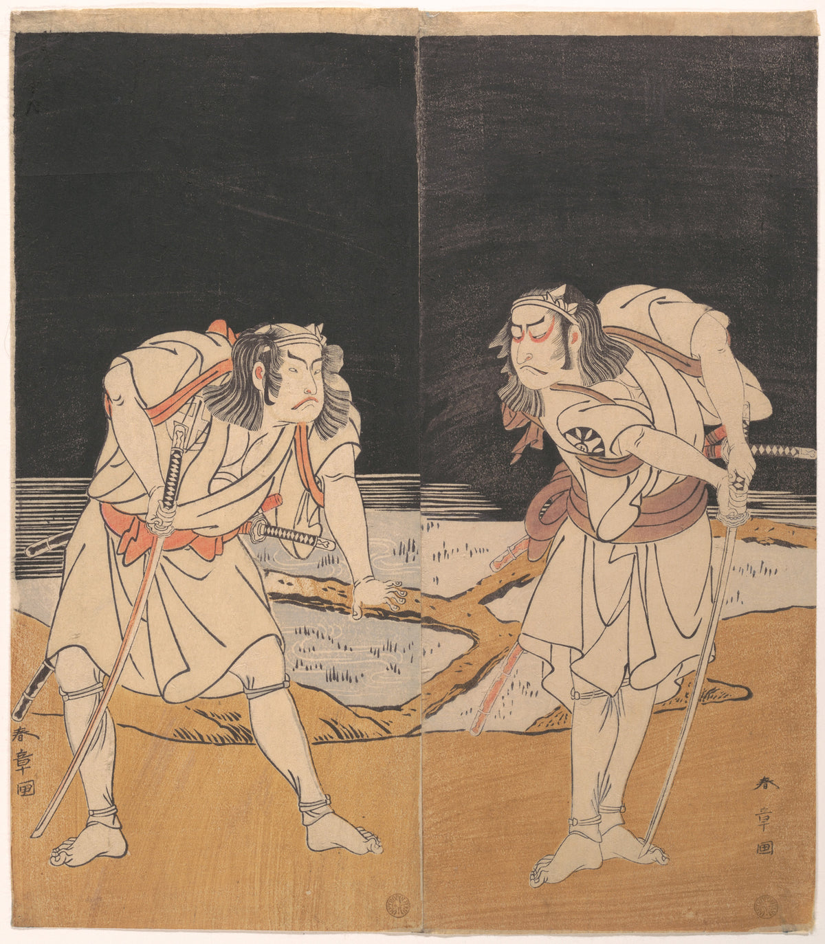 Duel Scene from the Kabuki Drama, A Soga Pattern Dyed to Order atsurae-zome Soga Hinagata by Katsukawa Shunshō　勝川春章 - Ukiyo-e canvas print