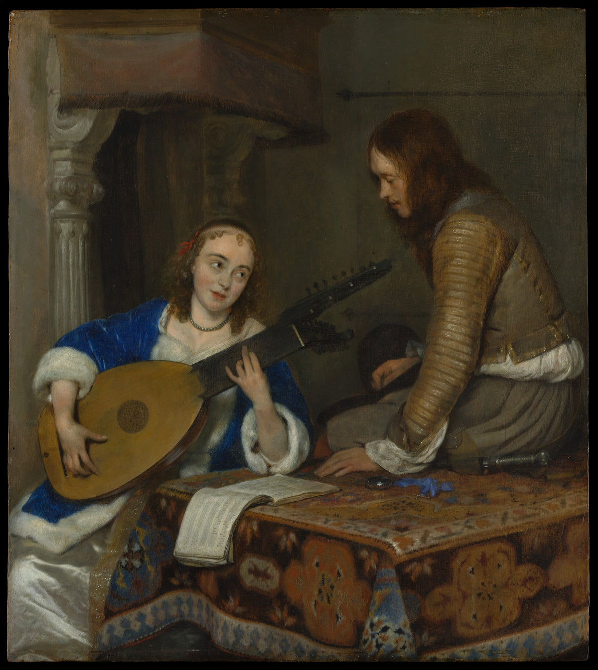 A Woman Playing the Theorbo-Lute and a Cavalier by Gerard ter Borch the Younger - Classic Art canvas print