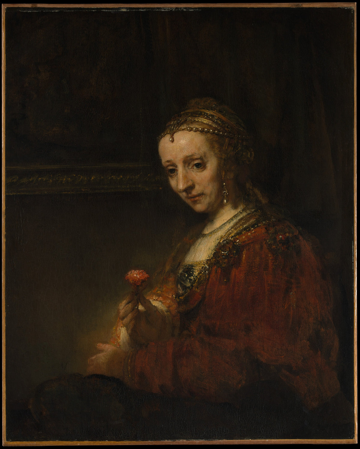 Woman with a Pink by Rembrandt (Rembrandt van Rijn) - Baroque canvas print