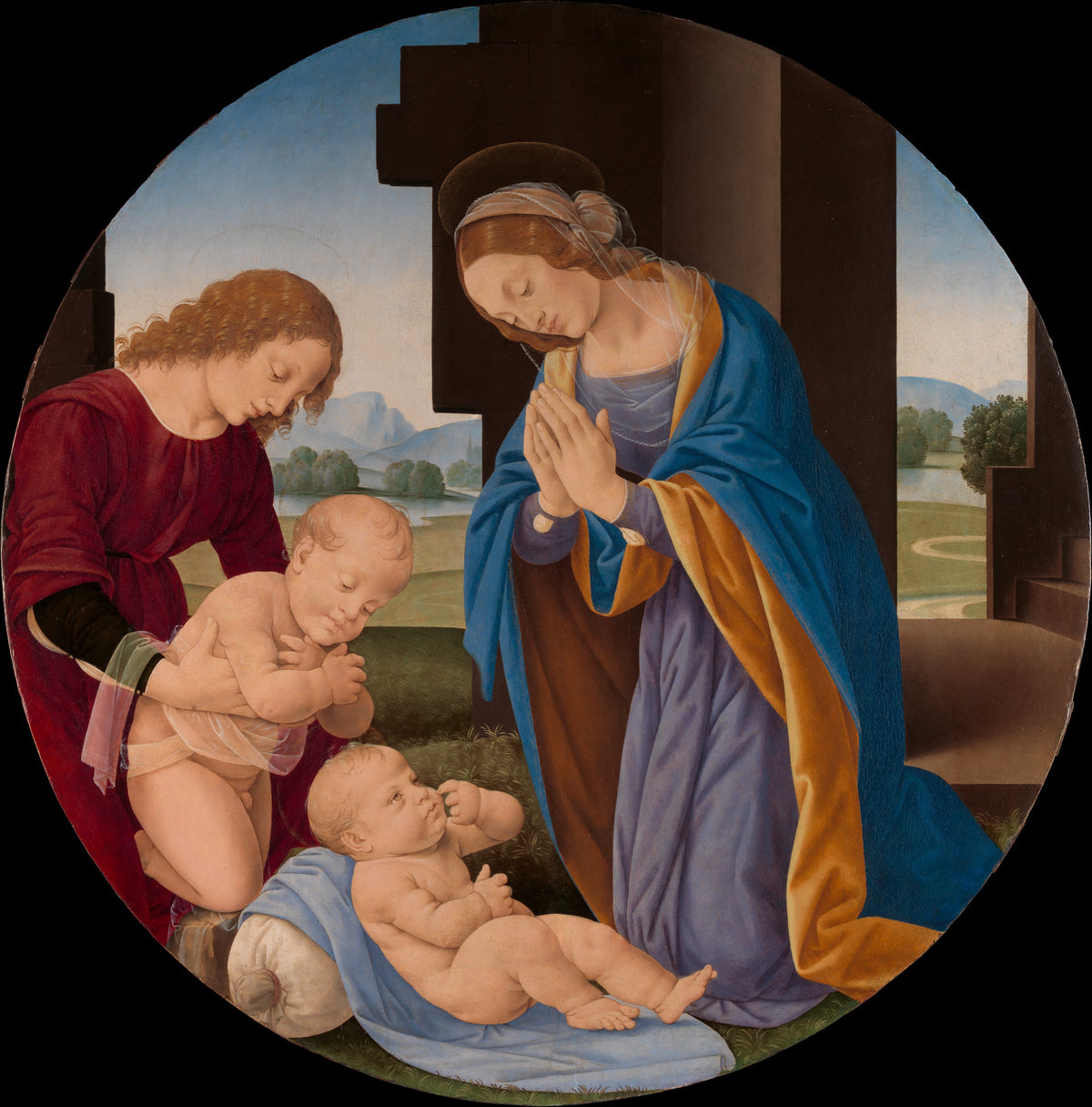 Madonna Adoring the Child with the Infant Saint John the Baptist and an Angel by Lorenzo di Credi (Lorenzo d'Andrea d'Oderigo) - Tempera canvas print