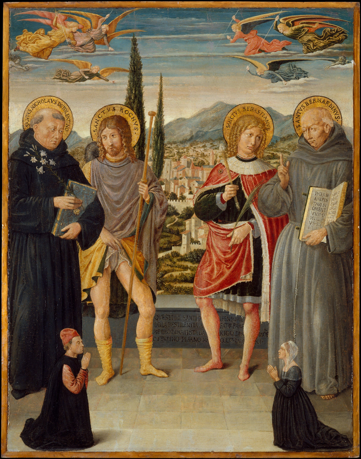 Saints Nicholas of Tolentino, Roch, Sebastian, and Bernardino of Siena, with Kneeling Donors by Benozzo Gozzoli (Benozzo di Lese di Sandro) - Tempera canvas print