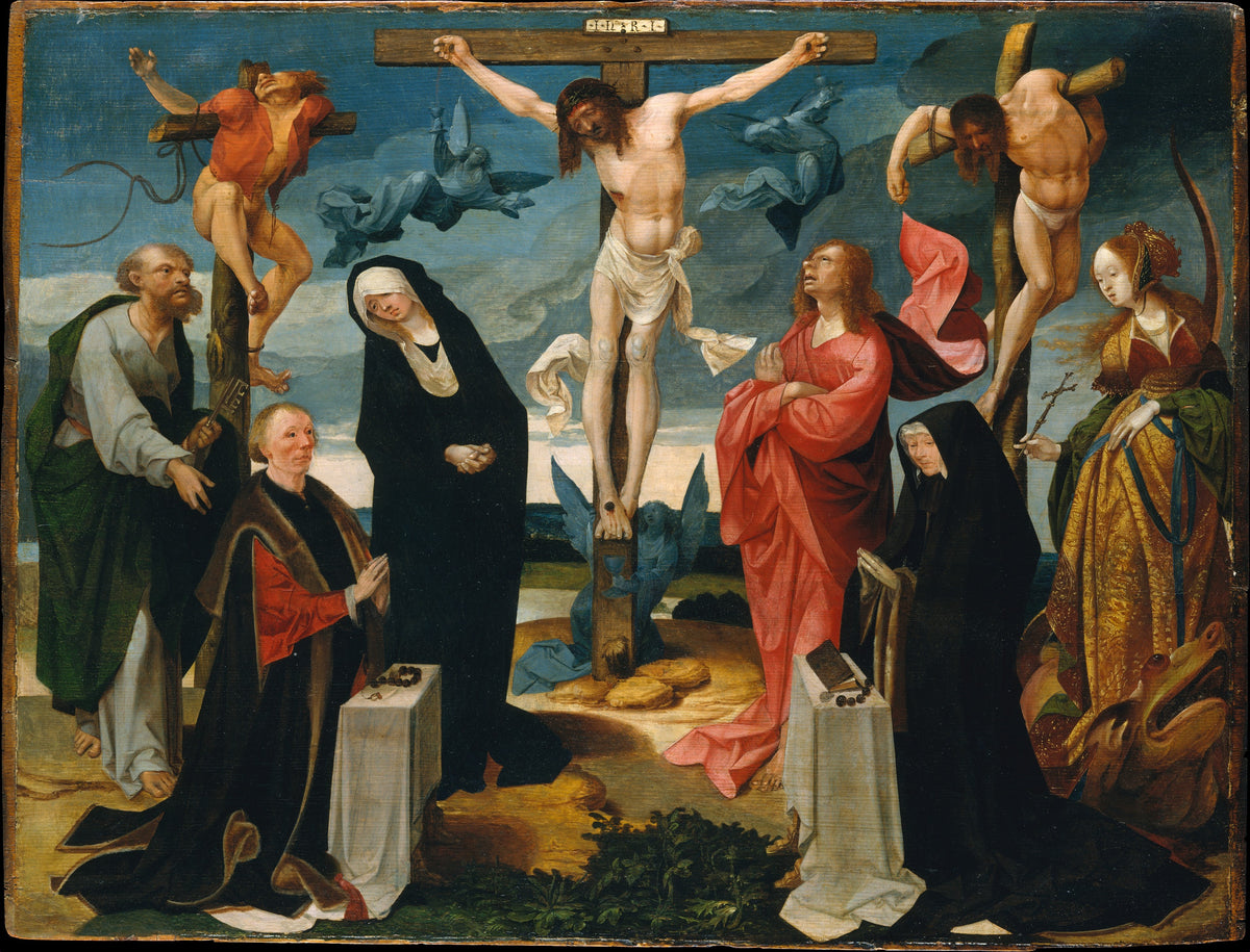 The Crucifixion with Donors and Saints Peter and Margaret of Antioch by Cornelis Engebrechtsz - Classic Art canvas print
