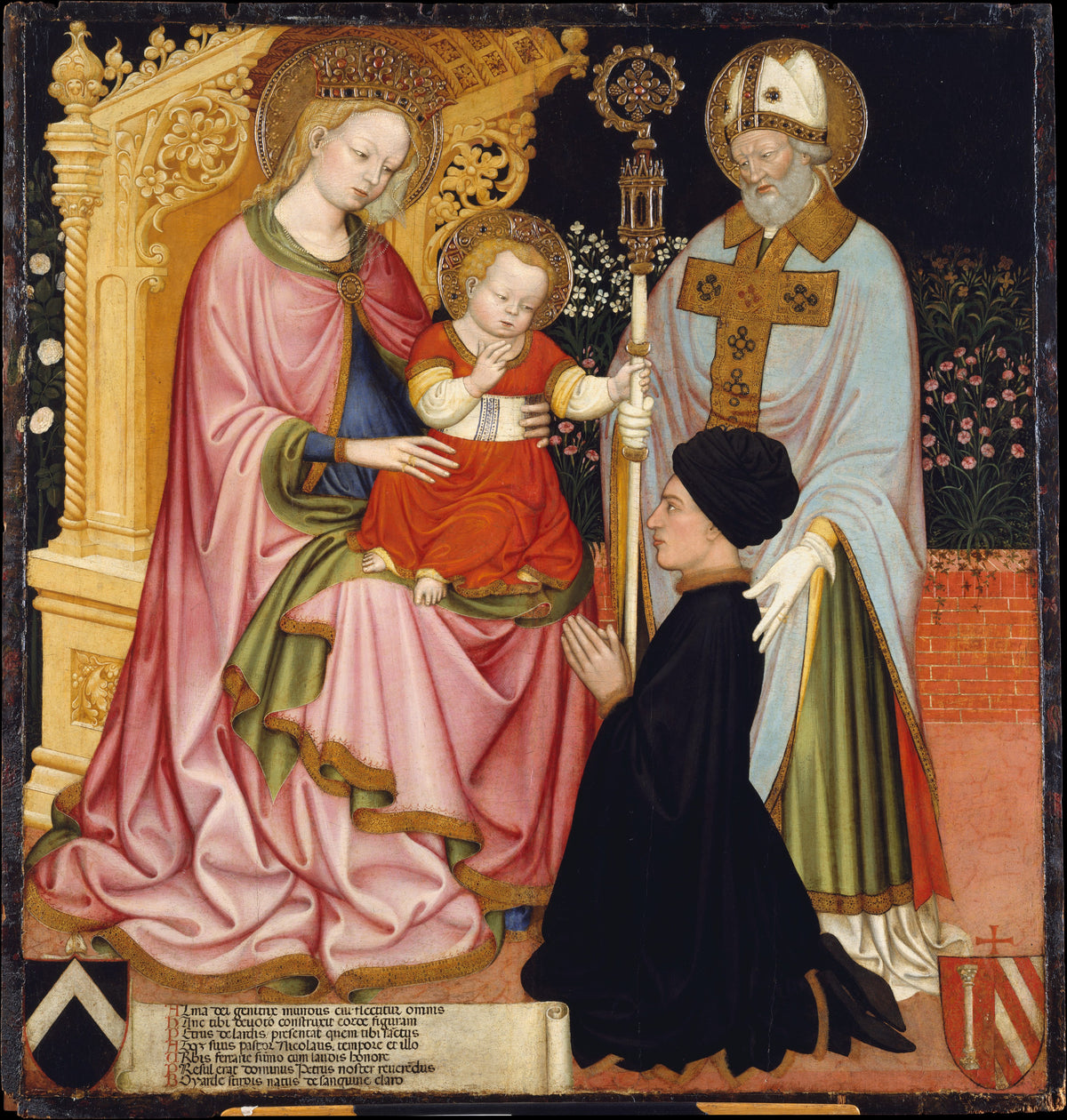 Madonna and Child with the Donor, Pietro de' Lardi, Presented by Saint Nicholas by Master G.Z. (possibly Michele dai Carri, Italian, Ferrara, active by 1405–died 1441 Ferrara) - Tempera canvas print