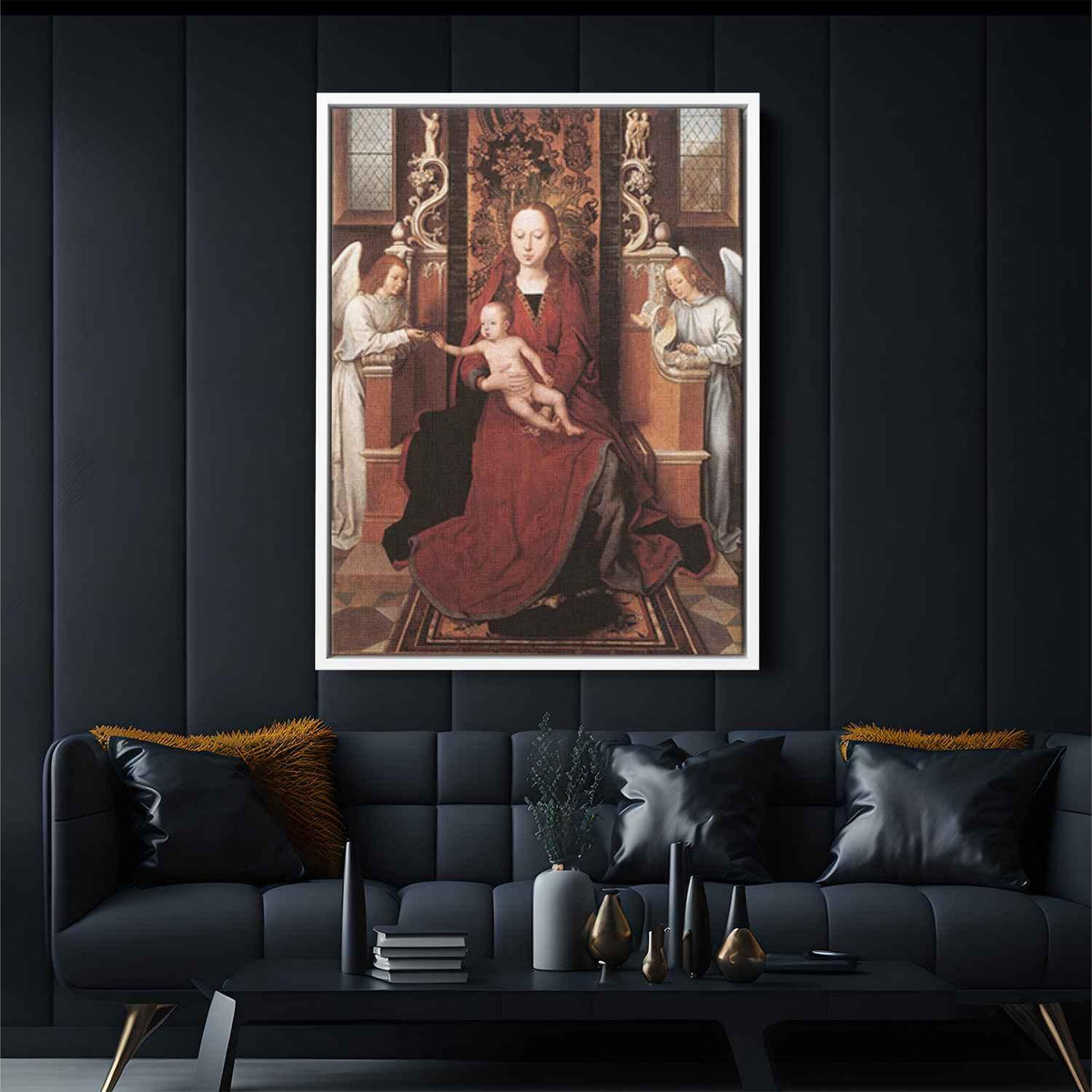 Virgin and Child Enthroned with Two Angelsby Hans Memling Canvas Print