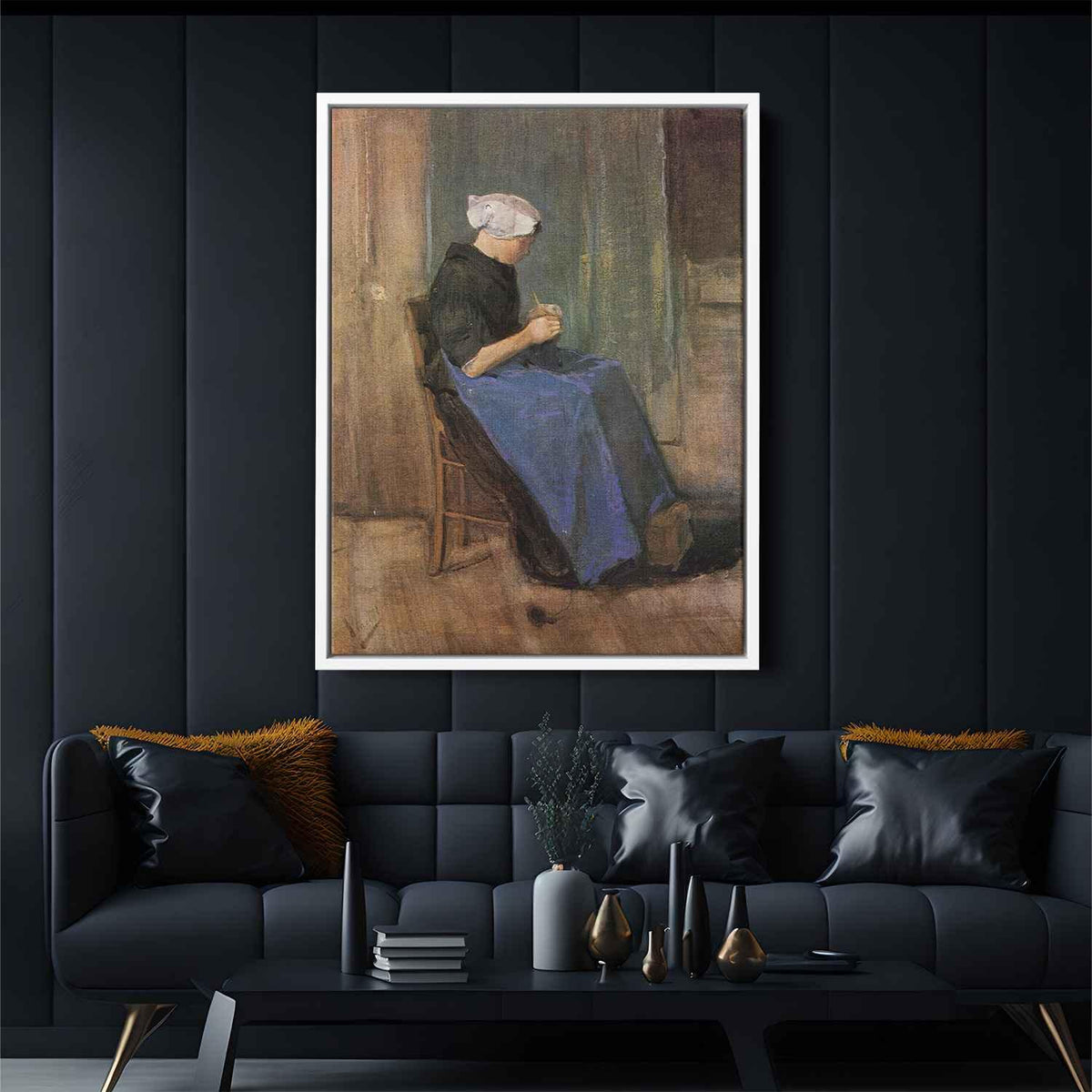 Young woman knittingby Vincent van Gogh Canvas Print