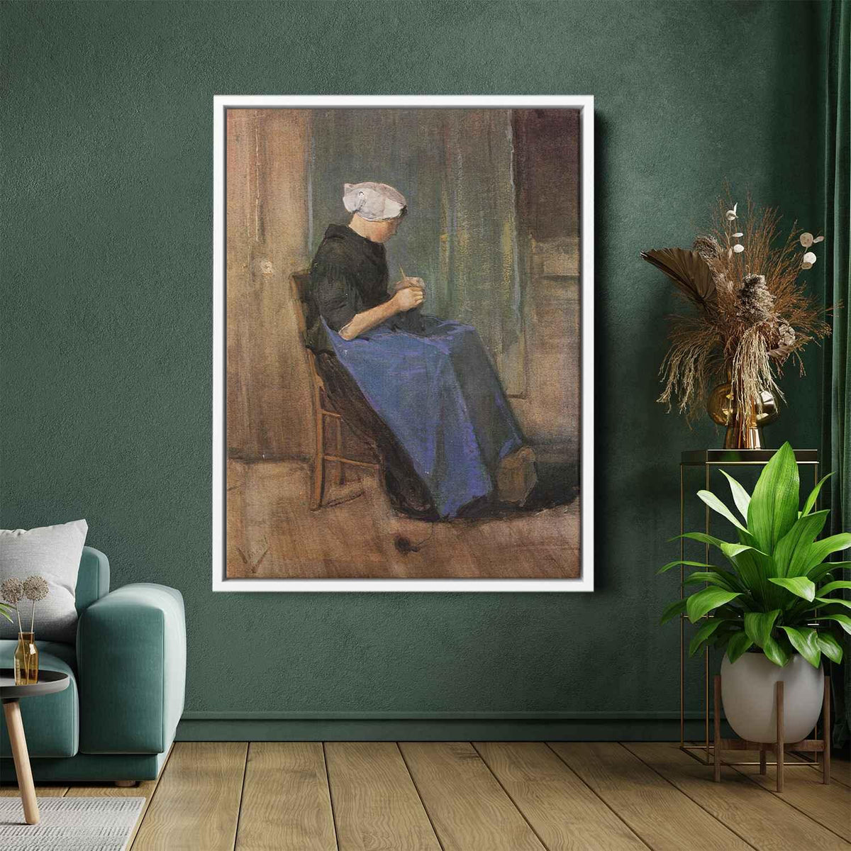 Young woman knittingby Vincent van Gogh Canvas Print