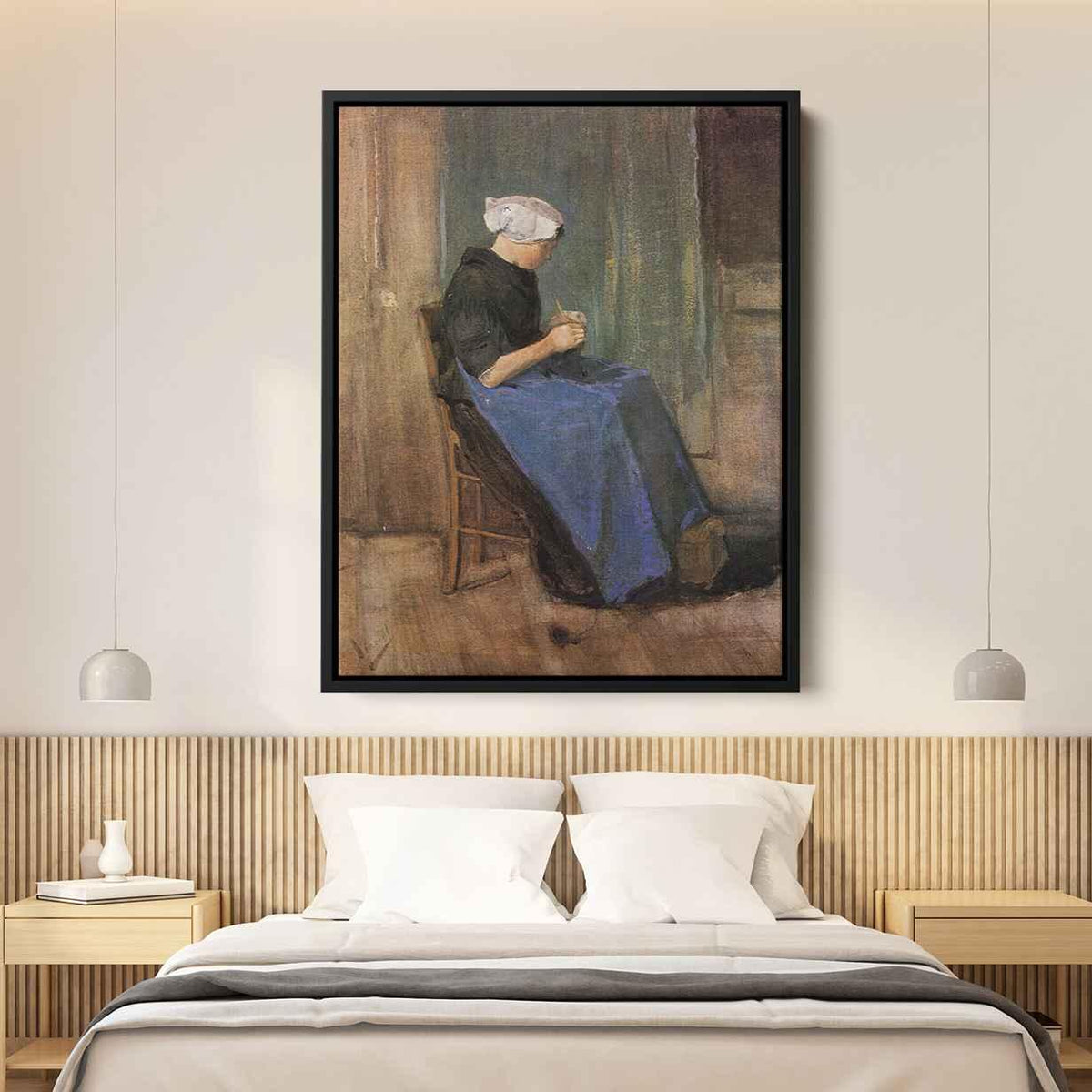 Young woman knittingby Vincent van Gogh Canvas Print