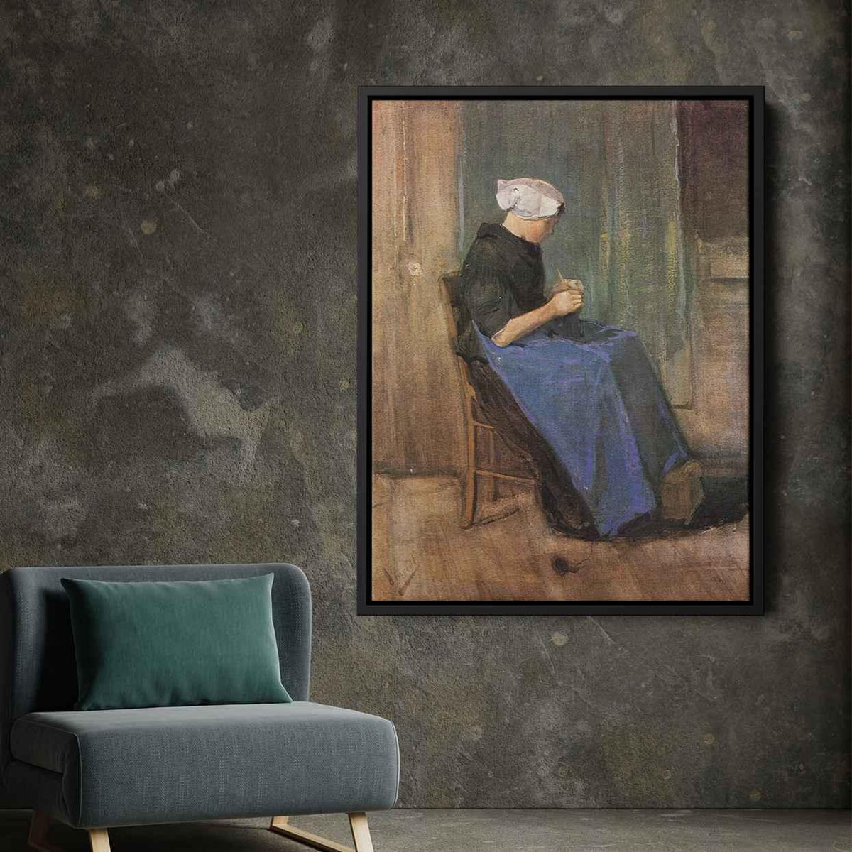Young woman knittingby Vincent van Gogh Canvas Print