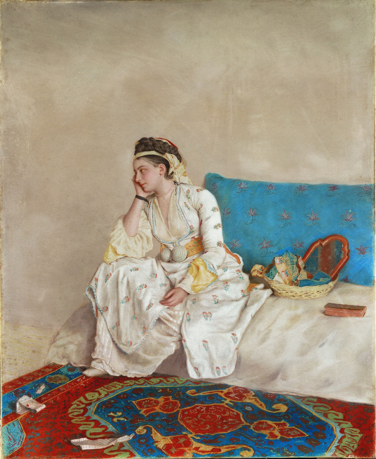 Woman in Turkish Dress, Seated on a Sofa by Jean Etienne Liotard - Pastel canvas print