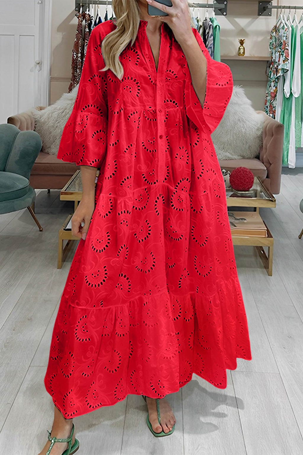 🎁Last day Clearance sale! V Neck Flares Sleeve Embroidery Cotton Dress