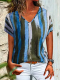 Stripes V Neck Basic Shift T-shirt