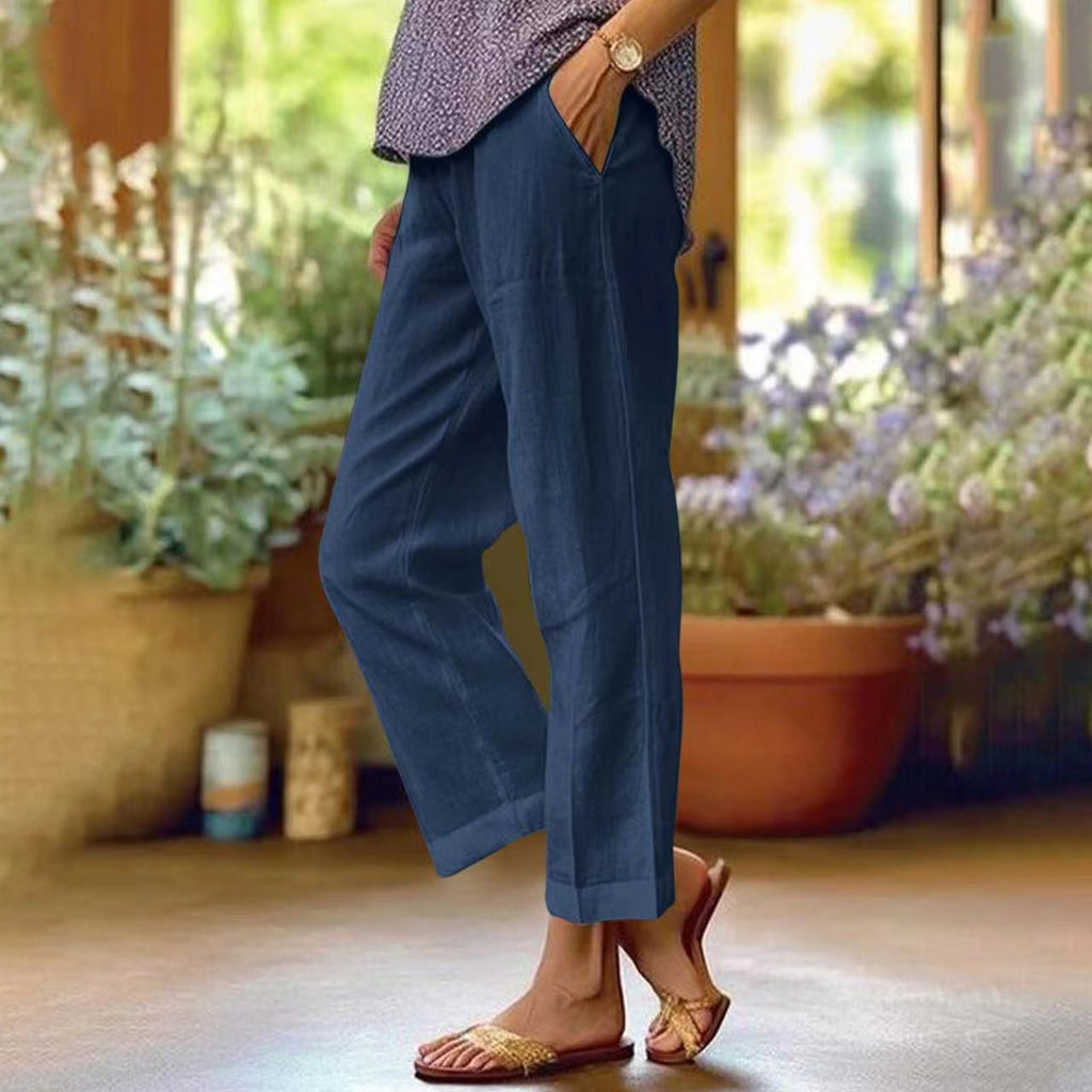 Loose Solid Color Elastic Waist Pocket Straight Cotton And Linen Casual Pants