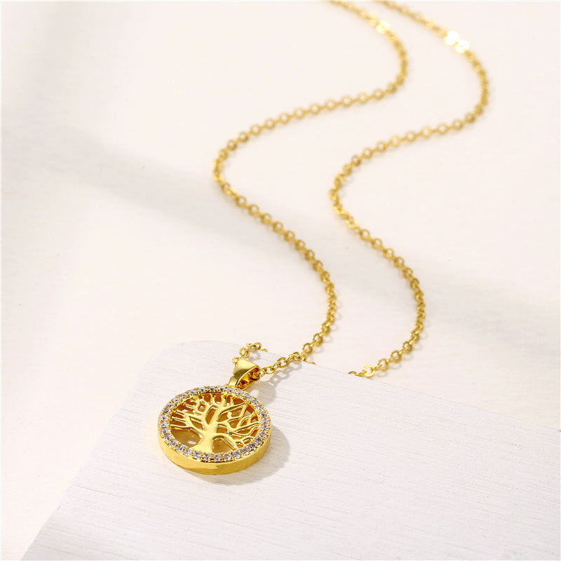 Round Hollow Tree of Life Pendant Necklace Geometric Clavicle Chain