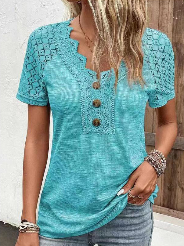 Lace Trim V Neck Loose Button Top