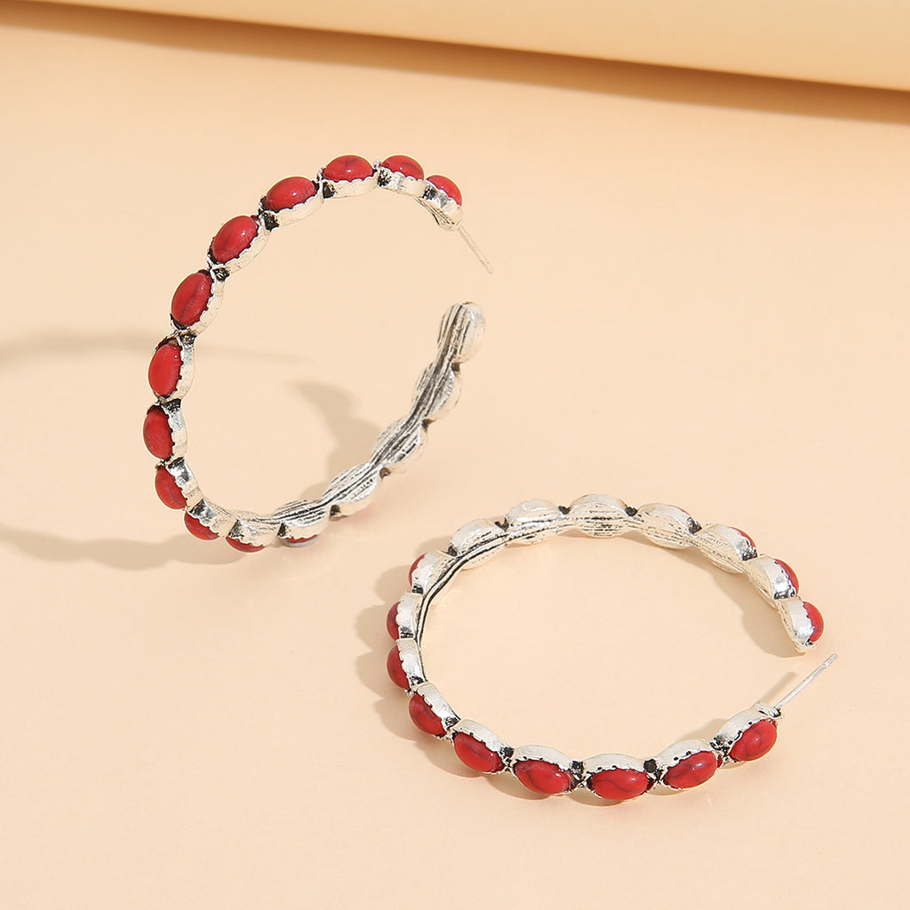 Retro Western Style Turquoise Big Circle C- Shaped Earrings