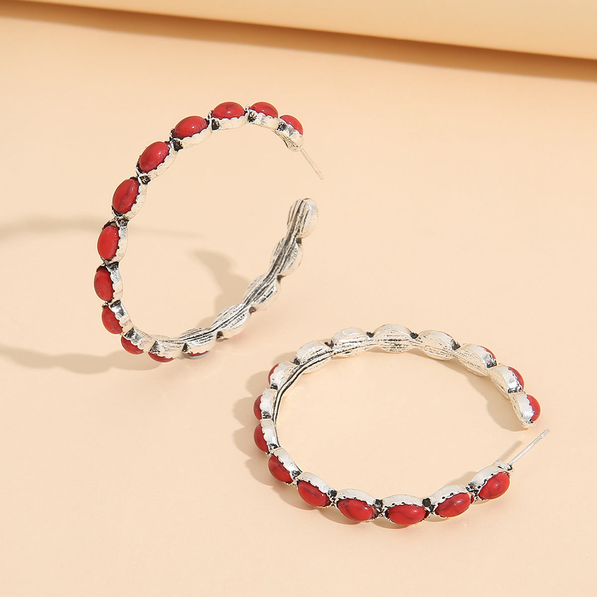 Retro Western Style Turquoise Big Circle C- Shaped Earrings