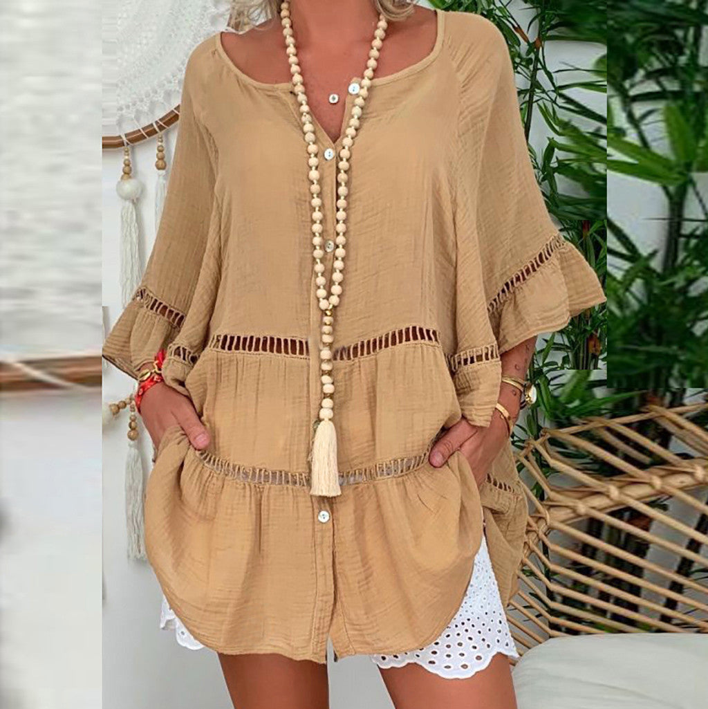 Three-Quarter Sleeve Cotton and Linen V-neck Buttons Hollow-out Large Dress