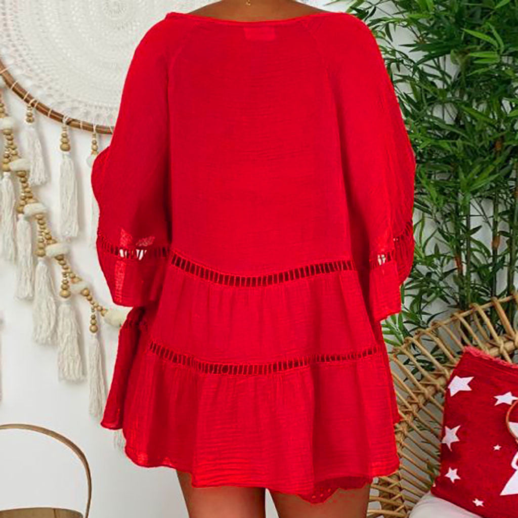 Three-Quarter Sleeve Cotton and Linen V-neck Buttons Hollow-out Large Dress