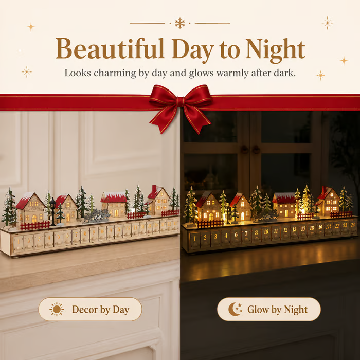 Light-Up Wooden Christmas Village Advent Calendar🎄 – 24 Fillable Drawers
